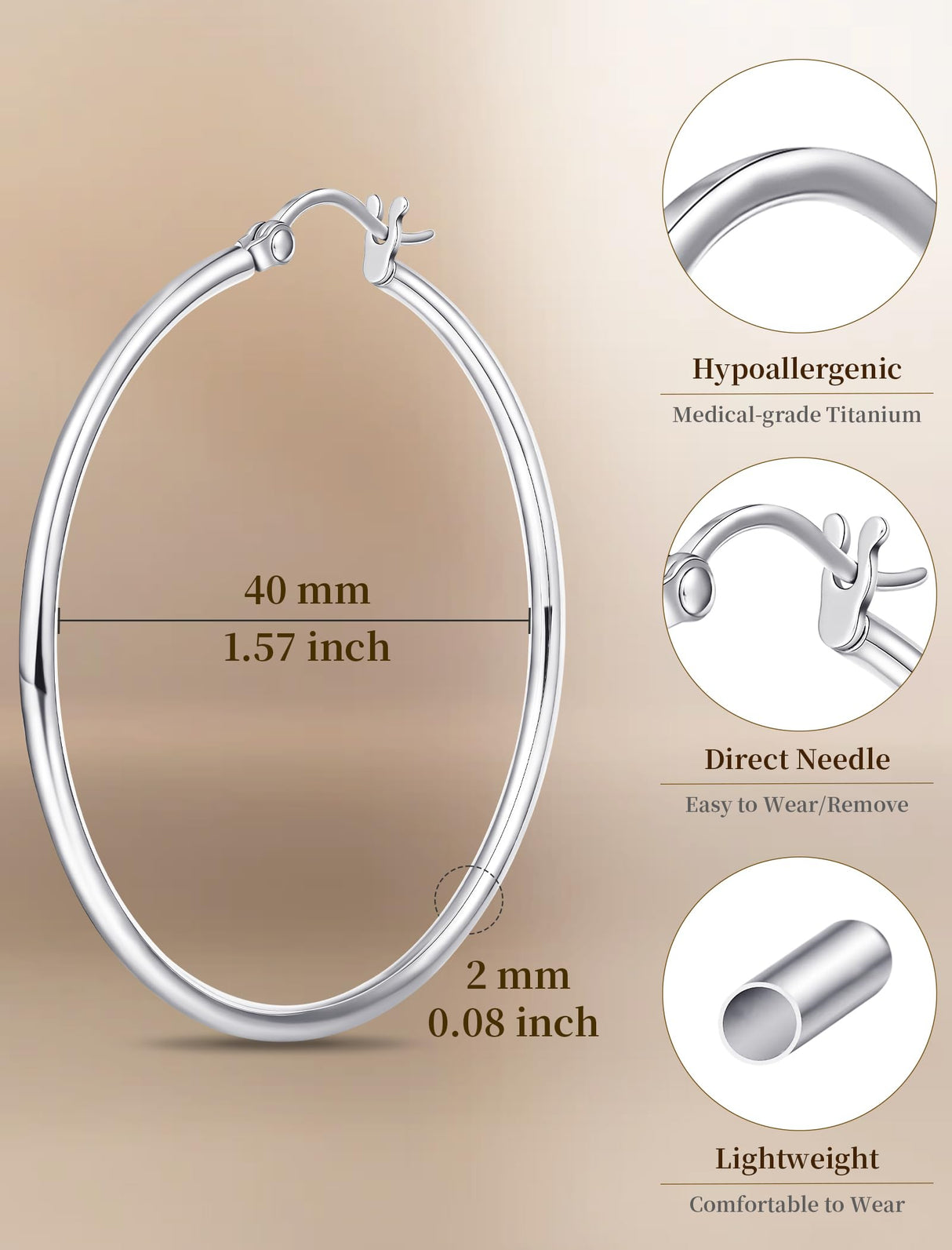 Limerencia Large Titanium Hoop Earrings for Women Hypoallergenic Thin Round Earrings F136 Implant Grade Titanium Hoops for Sensitive Ears(40mm Shiny Grey)