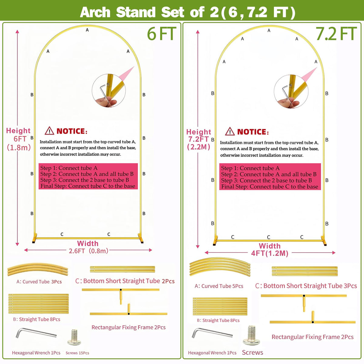 2 Pack Metal Arch Backdrop Stand 7.2FT, 6FT Wedding Balloon Floral Frame