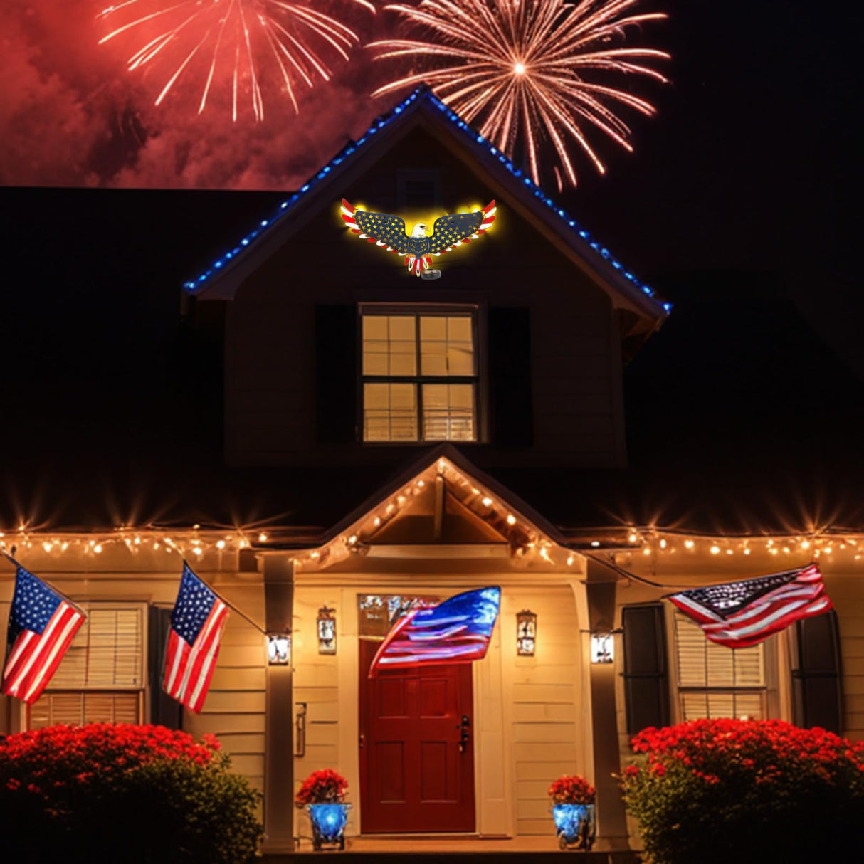 2 Pack 23" American Eagle Metal Wall Art with Solar Lights Outdoor 4th of July Decorations Outdoor | Led Patriotic Sculpture with American Flag | Solar Powered Independence Day Decor for Yard & Porch