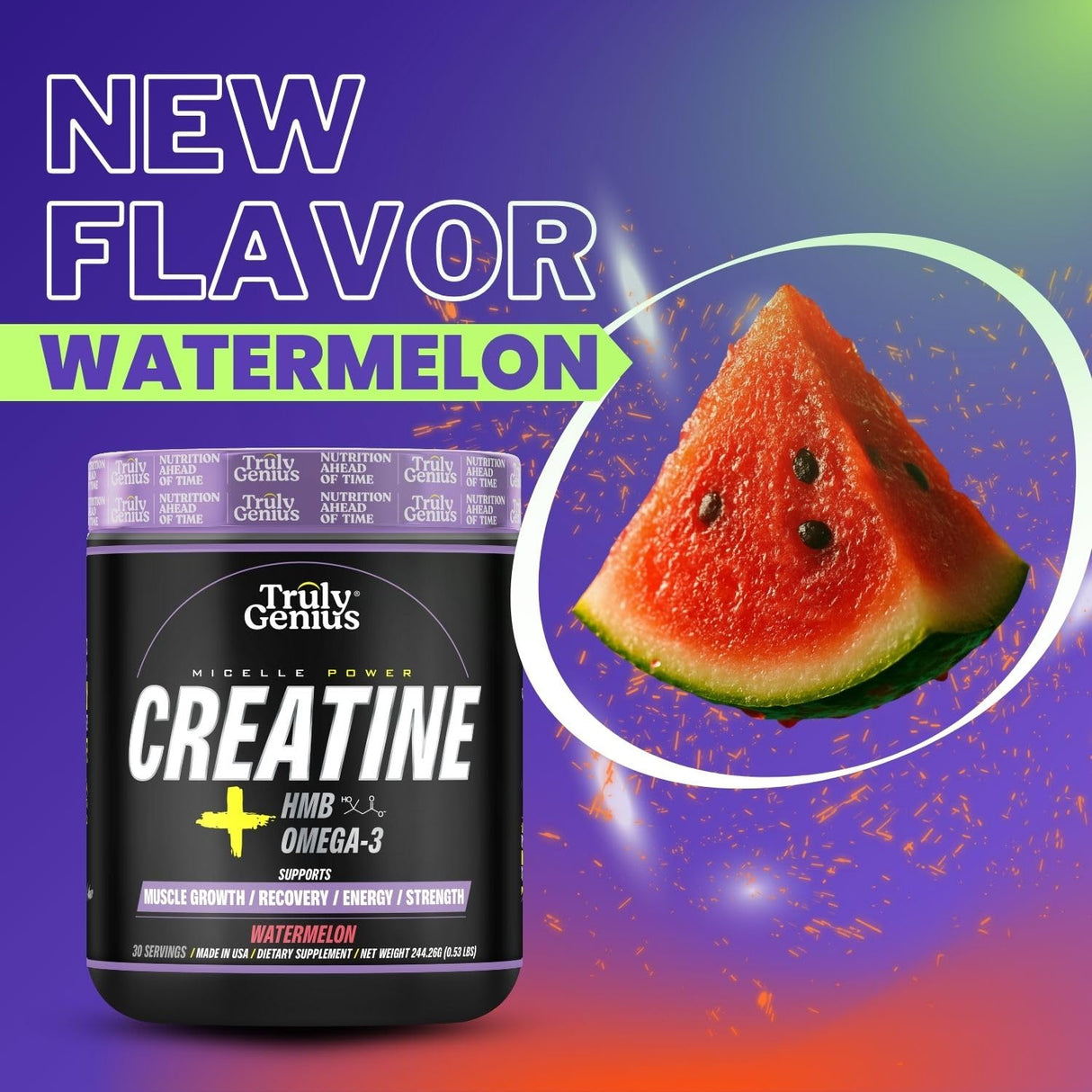 Creatine Monohydrate Powder - Omega 3, HMB, Watermelon Flavor - High Absorption for Men & Women - Supports Energy & Muscle Repair - Founded by James Rodriguez - 30 Servings.