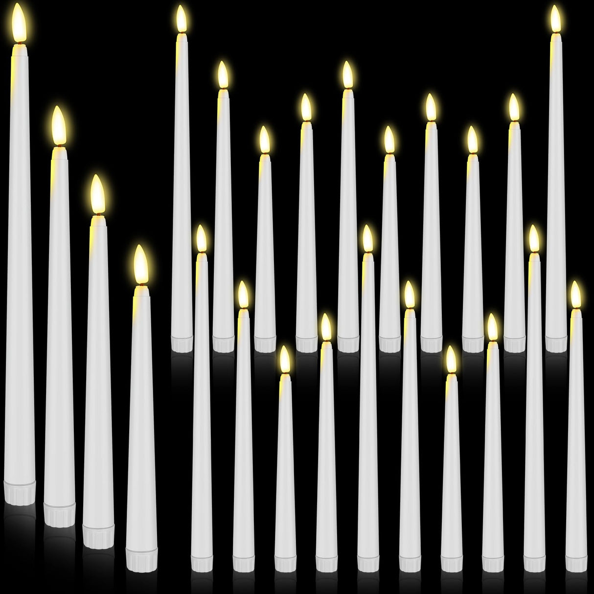 Rossesay 24 Pcs Flameless LED Taper Candles Battery Operated Candles 8.58'', 9.69'', 10.98'', 12.91'', 12.8'' Flameless Candlesticks Flickering for Halloween Christmas Church Wedding(White)