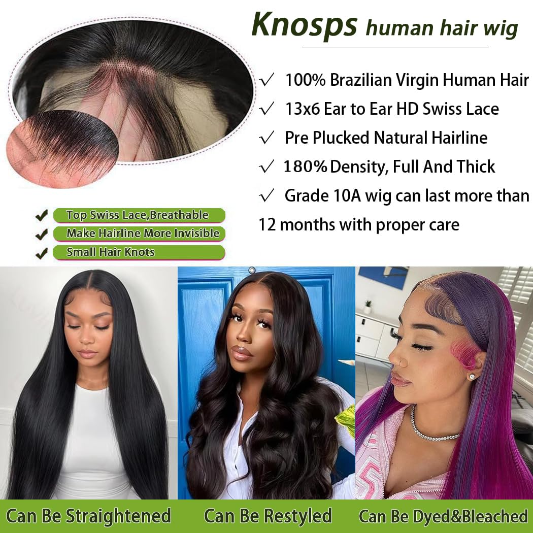 Knosps 30 Inch 13x6 Lace Front Wigs Human Hair Pre Plucked Straight HD Lace Front Wigs Human Hair 180 Density 13x6 Frontal Wigs Human Hair with Baby Hair Straight Glueless Wigs Human Hair for Women
