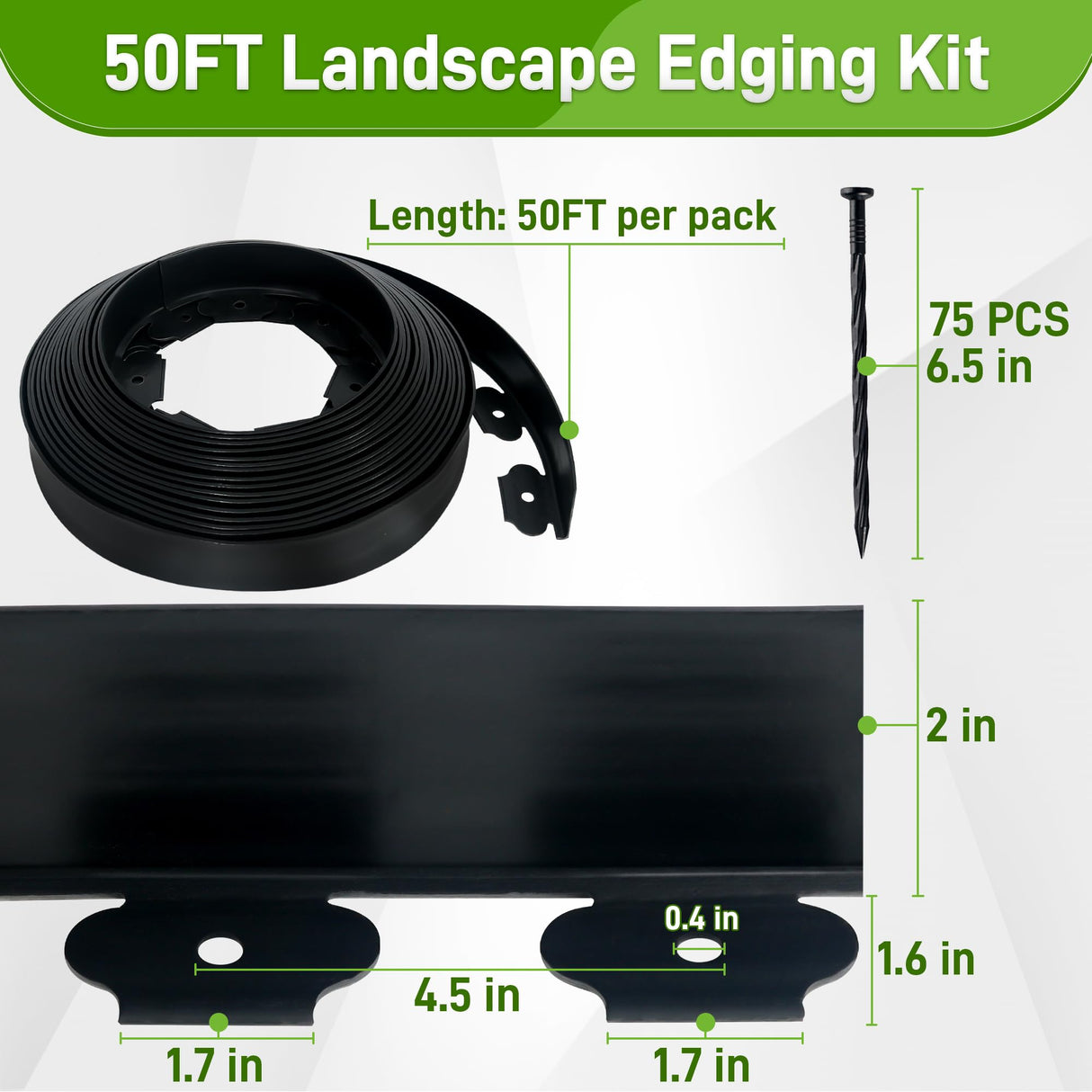 Quibbay 2 Inch x 50FT Landscape Edging Border with 75 Anchoring Spikes, No Dig Garden Border Edging Kit, Plastic Lawn Edging Border for Landscaping Garden Flower Beds Lawn Yard Paver Pathway, Black