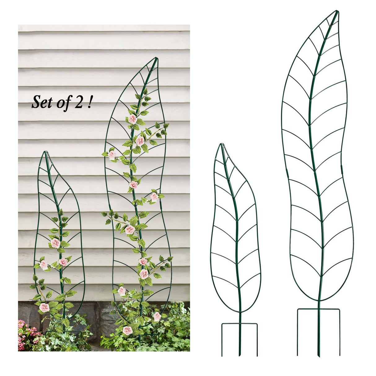 Garden Trellis Plant Support Trellis Green Leaf Trellis Garden Decoration for Climbing Vines Floral Metal Trellis Set of 2(Green)