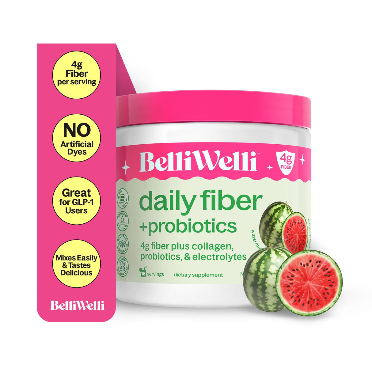 Belli Welli Fiber Supplement for Women & Men – Premium Daily Fiber Powder from Organic Acacia with Added Collagen, Electrolytes & Probiotics – No Bloat, Constipation & Gut Health Support (Watermelon)