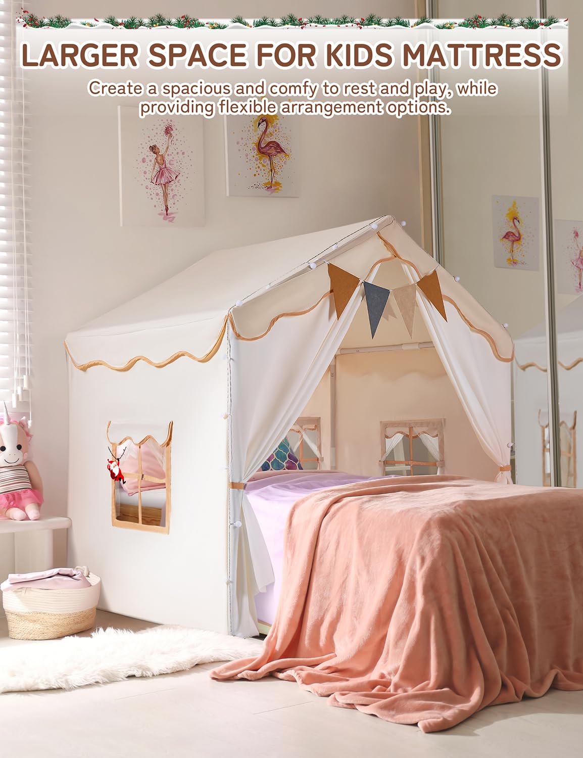 Besrey Kids Play Tent 2 in 1 with Padded Mat and Lights, Large Kids Playhouse with 2 Doors & 4 Windows, Indoor & Outdoor, Christmas Toddler Tent, 51" x35" x 51"