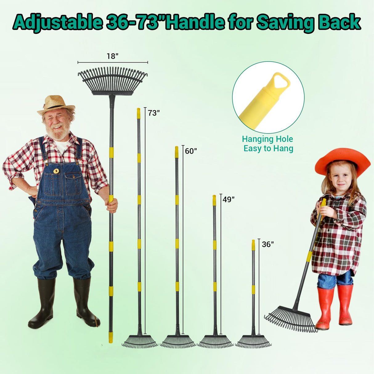 Serqd Adjustable Garden Rake for Leaves 36-73" Long Handle, 18" Wide, Heavy Duty with 25 Metal Tines ,Includes 32Gallon Leaf Bags,Designed for Lawns, Grass, Shrubs ,Flower Beds