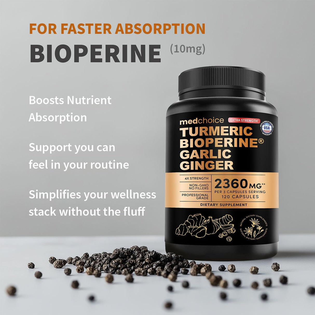 Extra Strength Turmeric Capsules - High-Absorption 2360 mg Curcumin Supplements, Non-GMO Blend for Digestive Comfort & Daily Support - Organic Turmeric Supplement with Black Pepper (240ct, Pack of 2)