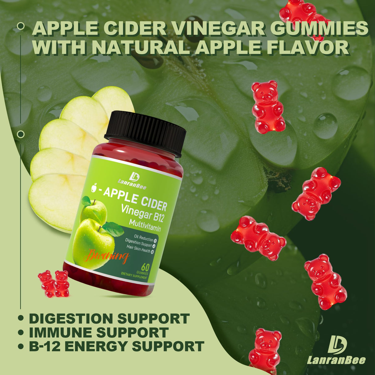 LanranBee Apple Cider Vinegar Gummies with Vitamins B12 Multivitamin ACV Supplement Gummy –Supports Digestion, Energy, Weight Management & Gut Health – Vegan, Non-GMO, Gluten-Free – 120 Count