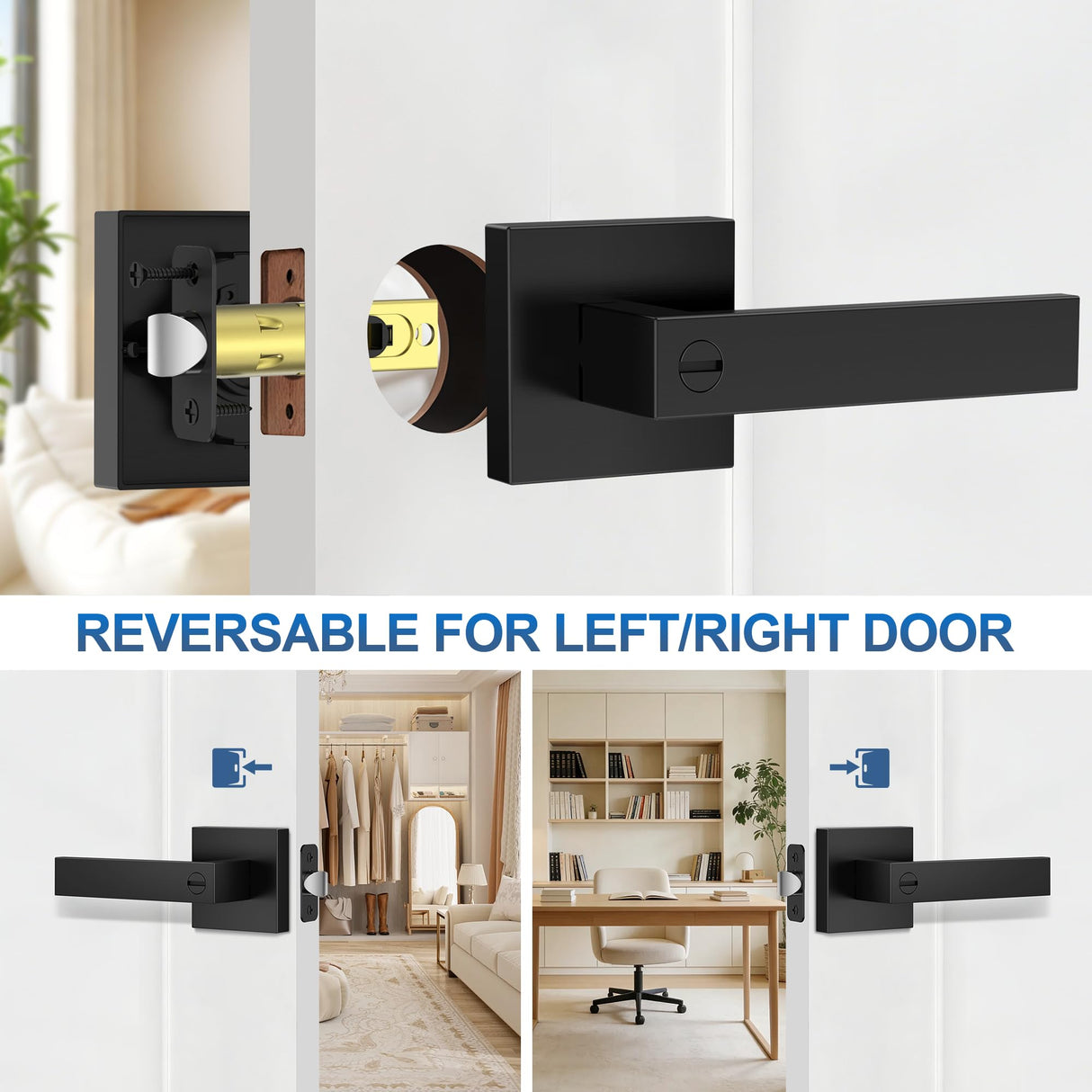 Plustool 3 Pack Matte Black Door Handles, Keyless Interior Door Knobs, Privacy Door Lever Locksets for Bedroom Bathroom, Heavy Duty Square Door Lock, Reversible for Left&Right Handled Doors