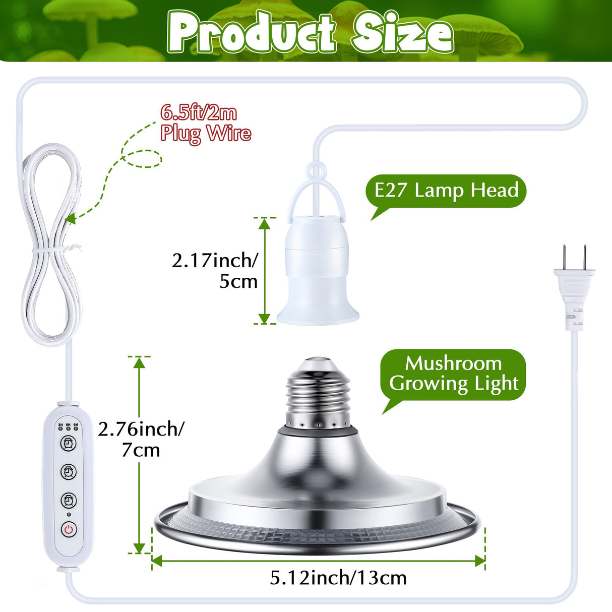Meonum Mushroom Grow Light with 3/6/9 Hour Timer, 360° LED Hanging Grow Lights Bulb for Mushroom with 6.5ft Extension Cord, 6000K Blue&5000K White Lamp for Indoor Plants Growing Kit Supplies (1 Pack)