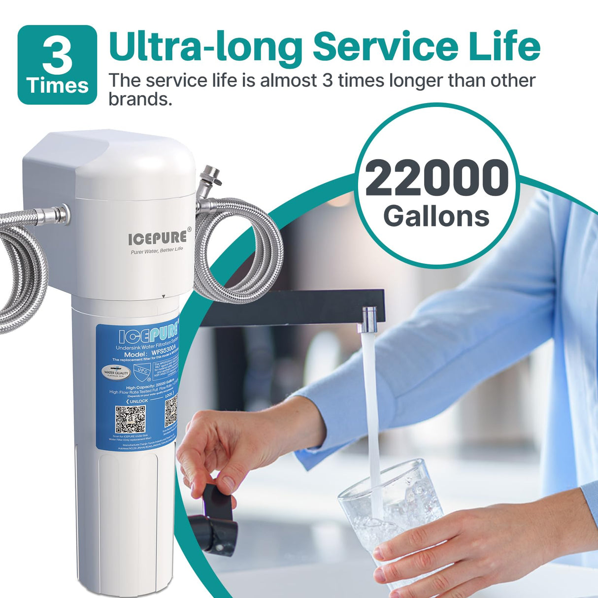 ICEPURE Under Sink Water Filter System, 3 Years or 22000 Gallons Ultra High Life NSF/ANSI 42 Certified, Removes Heavy Metals,Chlorine,Direct Connect Under Counter Drinking Water System, USA Tech