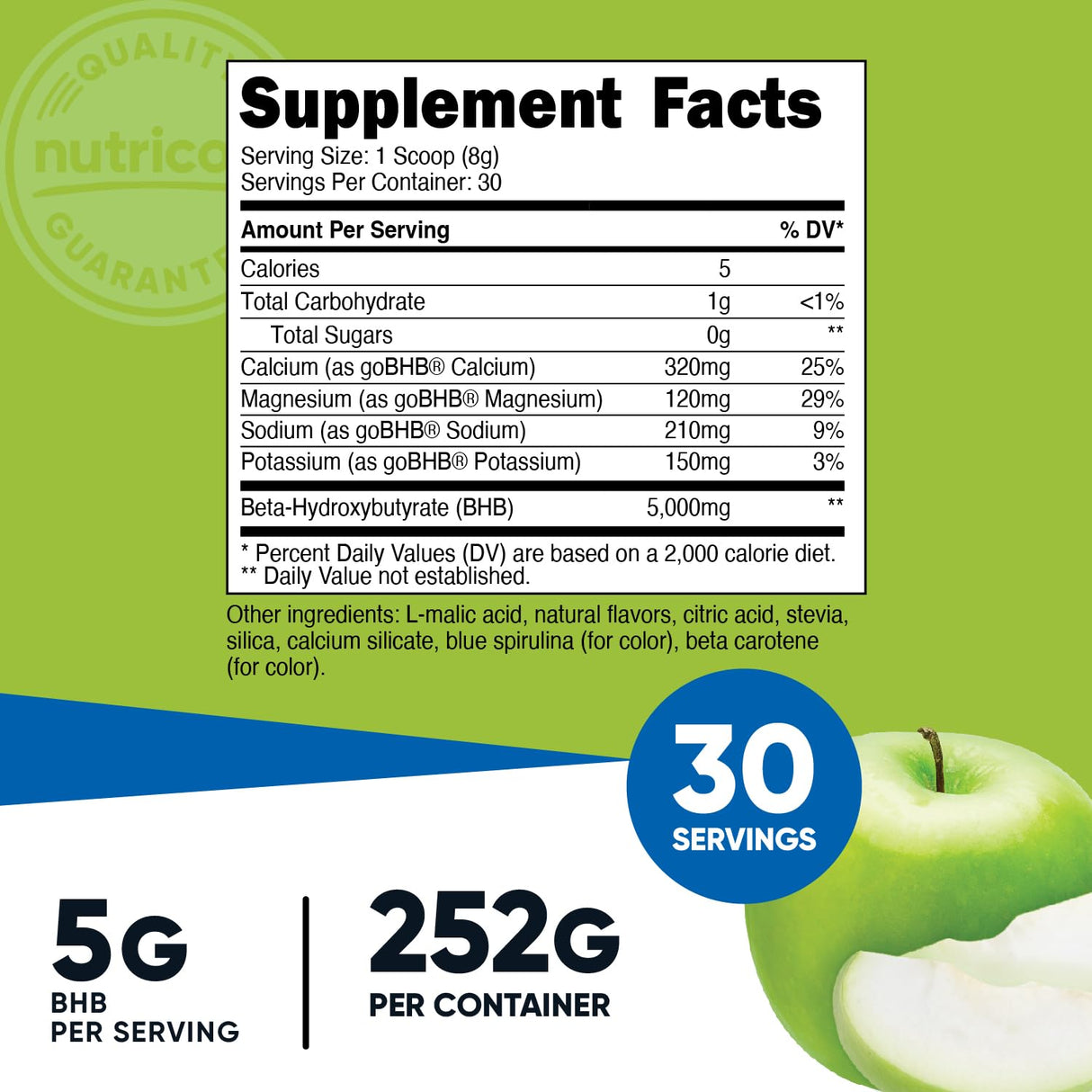 Nutricost BHB Salts Drink Mix (30 Servings, Green Apple Flavored) (5G BHB Per Serving) - 0G Total Sugars, Vegetarian Product