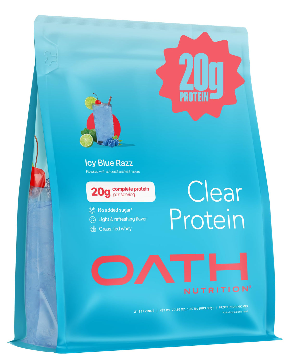 Oath Nutrition Clear Whey Isolate Protein Powder, ICY Blue Razz, 20g Complete Protein per Serving, No Added Sugar, Grass-Fed, 21 Servings