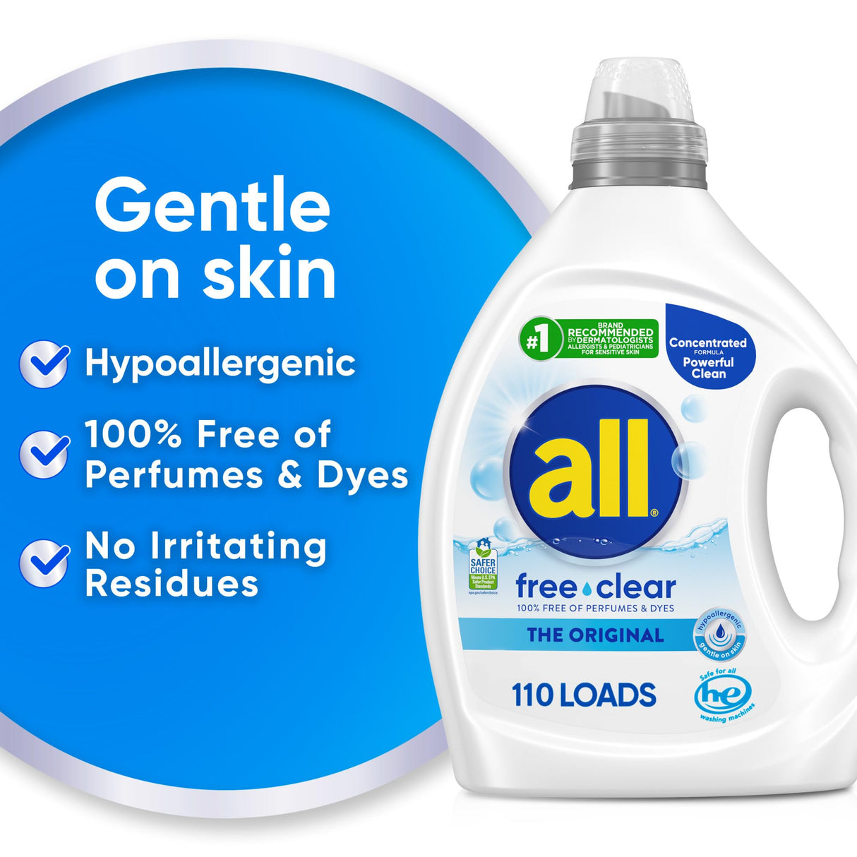 all free clear, Original, Liquid Laundry Detergent for Sensitive Skin, Unscented and Hypoallergenic, Concentrated, 82.5oz, 110 Loads