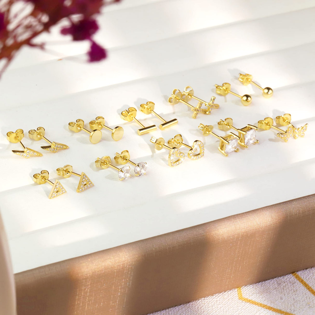 14K Gold Small Stud Earrings Set for Women Flat Back Earrings, 10 Pairs