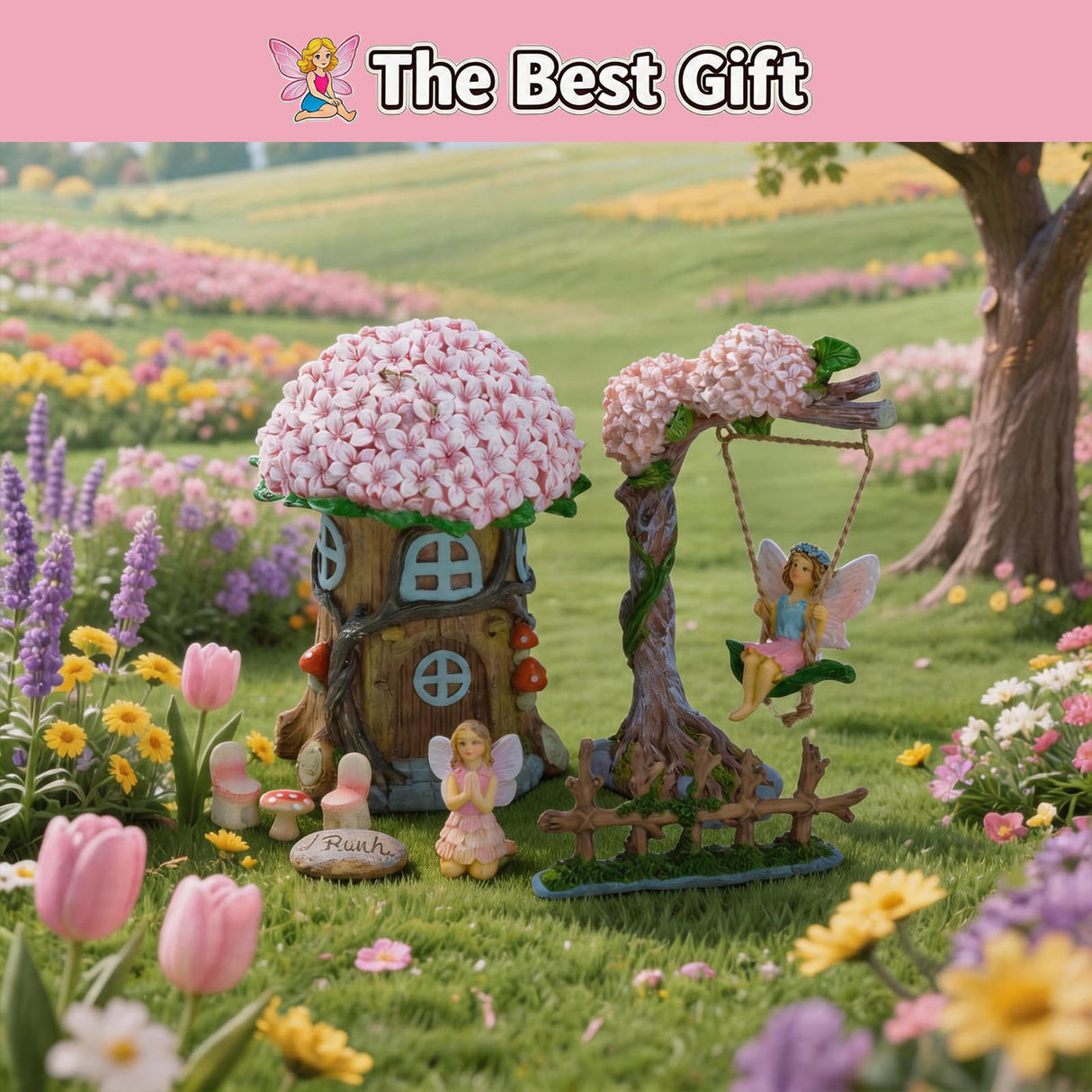 Landoraloria Miniature 8 Pcs Mini Garden Furniture, Fairy Garden Accessories Kit, Resin Figurines with Swing Set, Whimsical Theme, for Outdoor Patio, Yard, Lawn, or Desk
