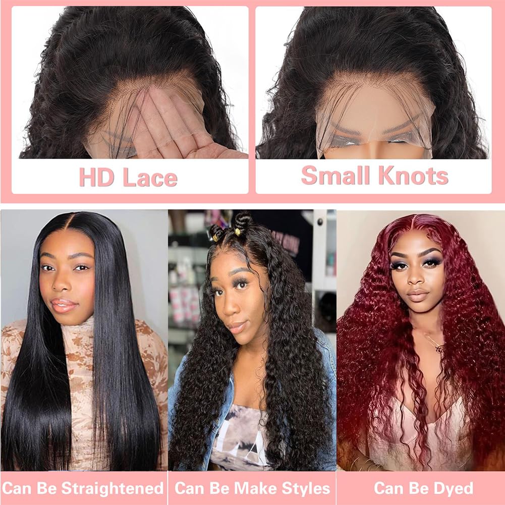 200 density 13x6 Water Wave Lace Front Wigs Human Hair Pre Plucked Glueless Wigs Human Hair Water Deep Cury HD Transparent 13x6 Full Lace Frontal Wigs Brazilian Virgin Hair Wigs Natural Black 28inch