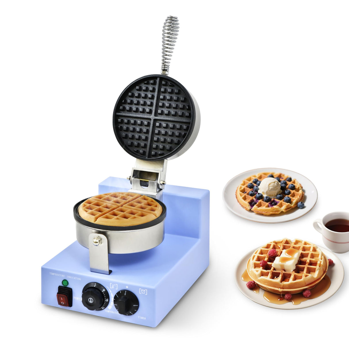 Commercial Waffle Maker, 1200W Round Waffle Iron Machine with Timer & Temp Control, Nonstick Plates, Heat-Resistant Shockproof Non-Conductive Plastic Body (110V, Sky Blue)