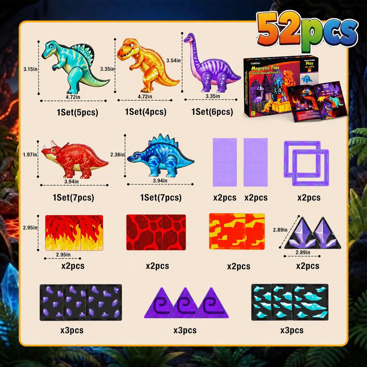 GobiDex Magnetic Tiles Lava & Cave Dinosaur Toys for Kids 3-5 5-7