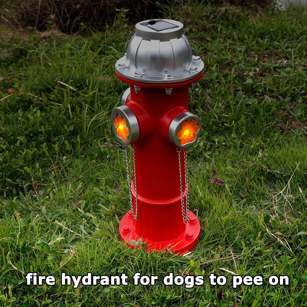 TB TIBAG Fake Fire Hydrant Statues for Dogs to Pee On, Solar Light Fire Hydrant with Glowing Paw Prints for Garden Statues Lawn Outdoor Decorations, 14.5" Tall