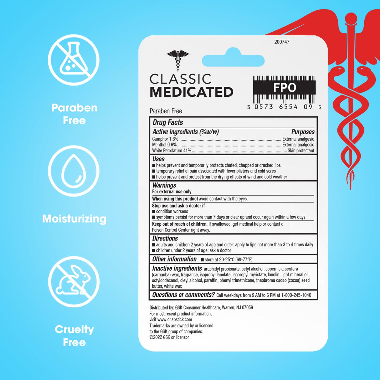 ChapStick Classic Medicated Lip Balm 3-Pack – External Analgesic, Skin Protectant for Dry Lips & Cold Sore Pain Relief, 0.15 Oz Ea