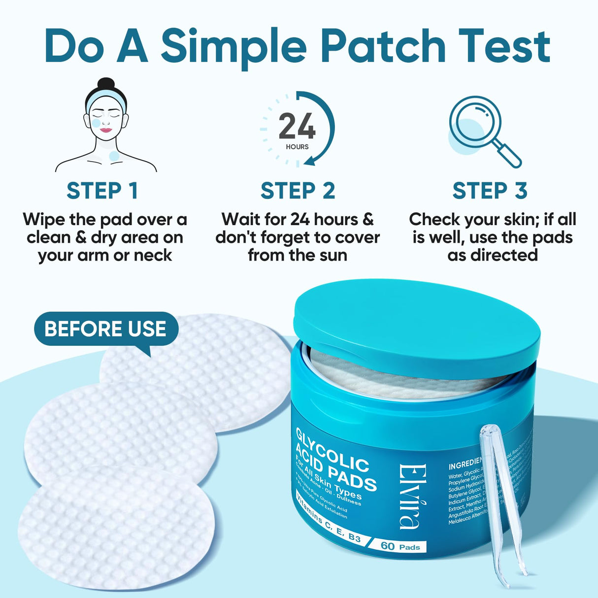 Elvira Korean Skincare Anti-Aging & Glycolic Acid Exfoliating Facial Pads With 10% Glycolic Acid, 2% Salicylic Acid & Niacinamide - 60 Toner Pads, Daily Peel Treatment for Acne Prone Sensitive Skin