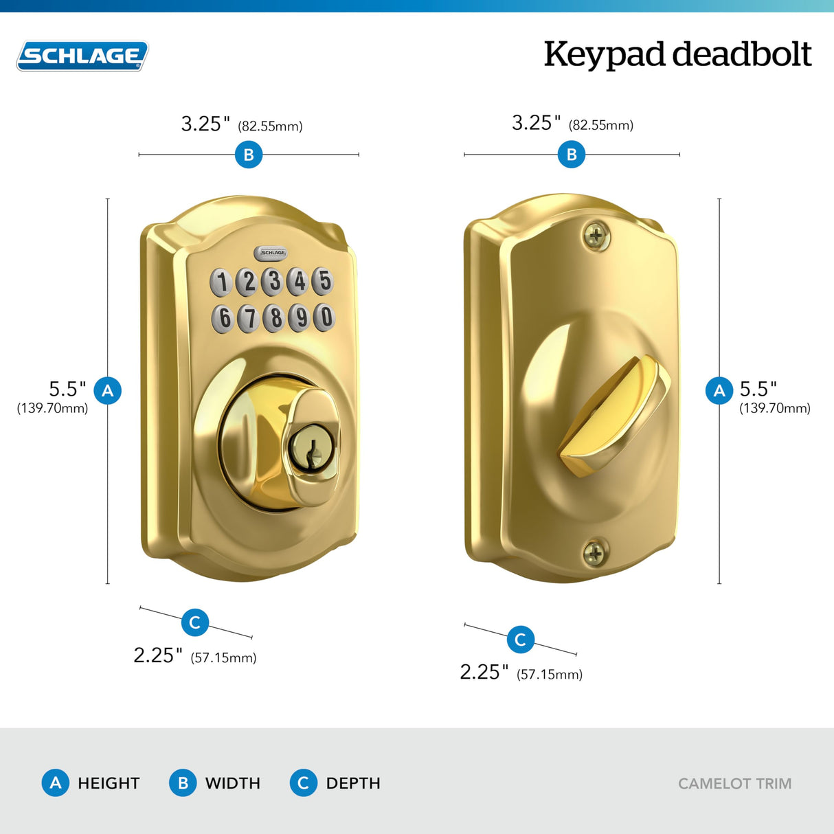 Schlage Camelot Electronic Keypad Deadbolt Lock, Keyless Front Door Entry, Mechanical Key Backup Included, Bright Brass, BE365 CAM 505