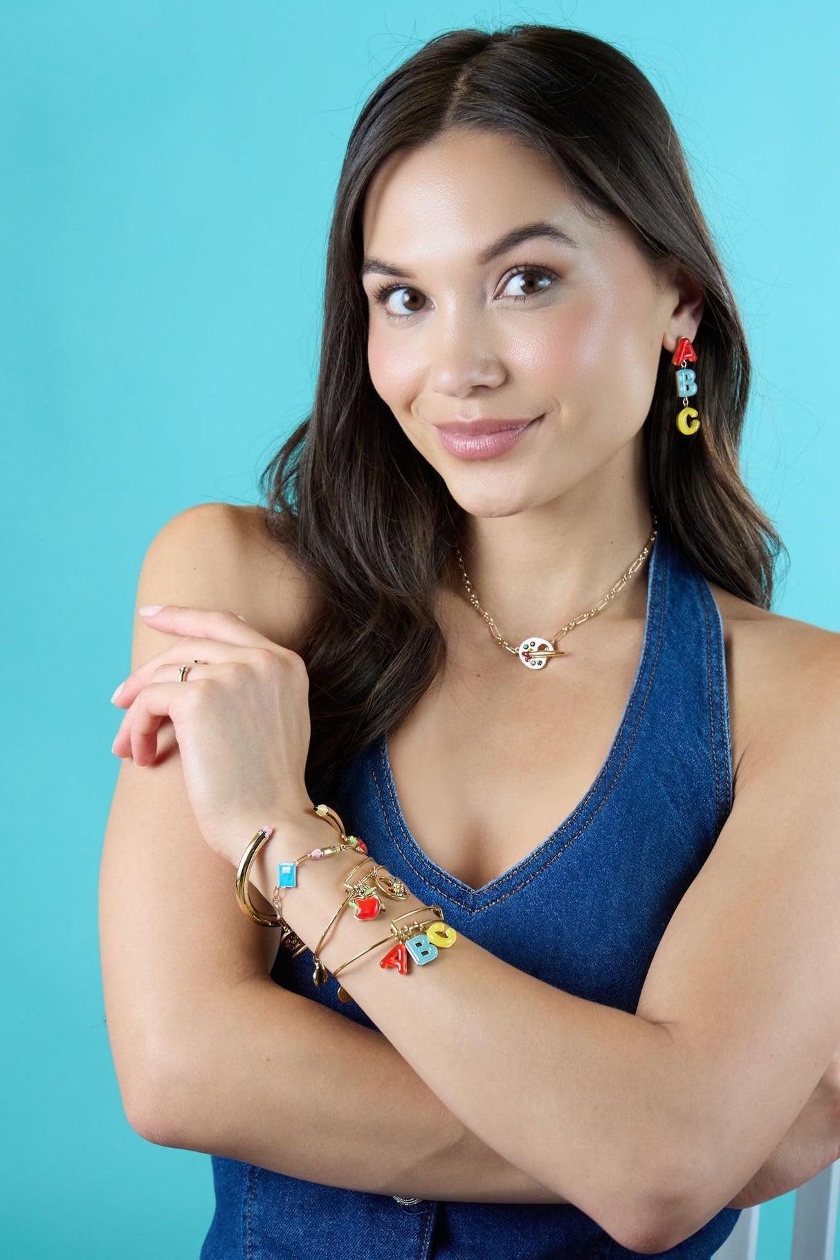 Alex and Ani Teacher’s Multi Charm Textured Bangle - School-Inspired Charms: Paint Palette, Pencil, Red Apple, Gold Finish, Cute Bracelets for Women, Easy Stack