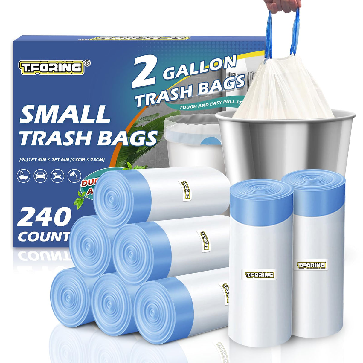240 Count 2 Gallon Trash Bags Drawstring - Thick Small Garbage Bags Unscented,0.96 Mil White Mini Trash Can Liners,Strong Waste Basket Bags 7.5 Liter for Home Bathroom Office Car