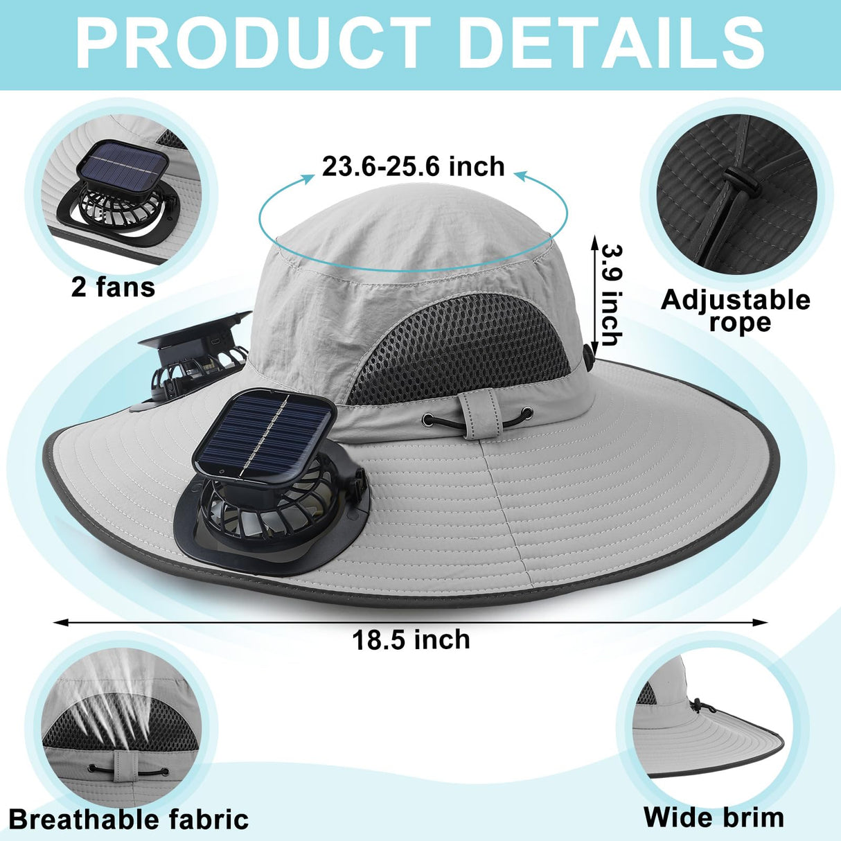 Glitopper 2 Set Wide Brim Solar Fan Hats with 2 Solar Fan and Arm Sleeves Set Outdoor Fishing Bucket Hat for Men Women Hiking(Black and Light Gray,Simplicity)