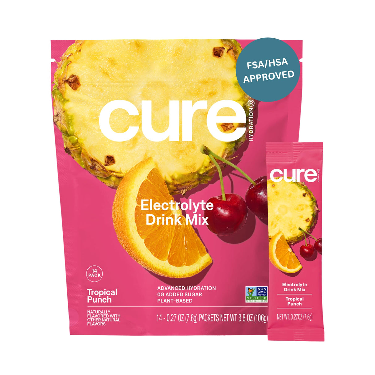 Cure Hydration | Plant-Based Electrolyte Drink Mix | No Added Sugar | FSA & HSA | Dehydration Relief Powder Made with Coconut Water | Non-GMO | Vegan | Pouch of 14 Packets - Tropical Punch