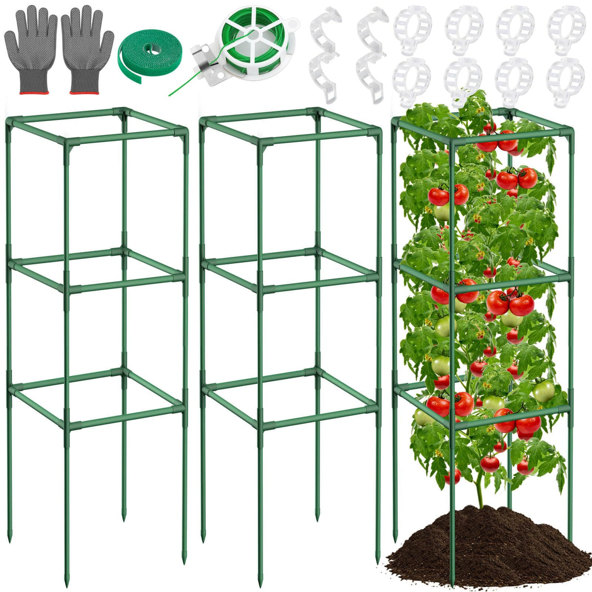 Lezmarket 3 Pack Tomato Cages for Garden, Tomato Trellis for Raised Garden Bed with Plant Clips and Twist Ties for Climbing Plants, 43 inches
