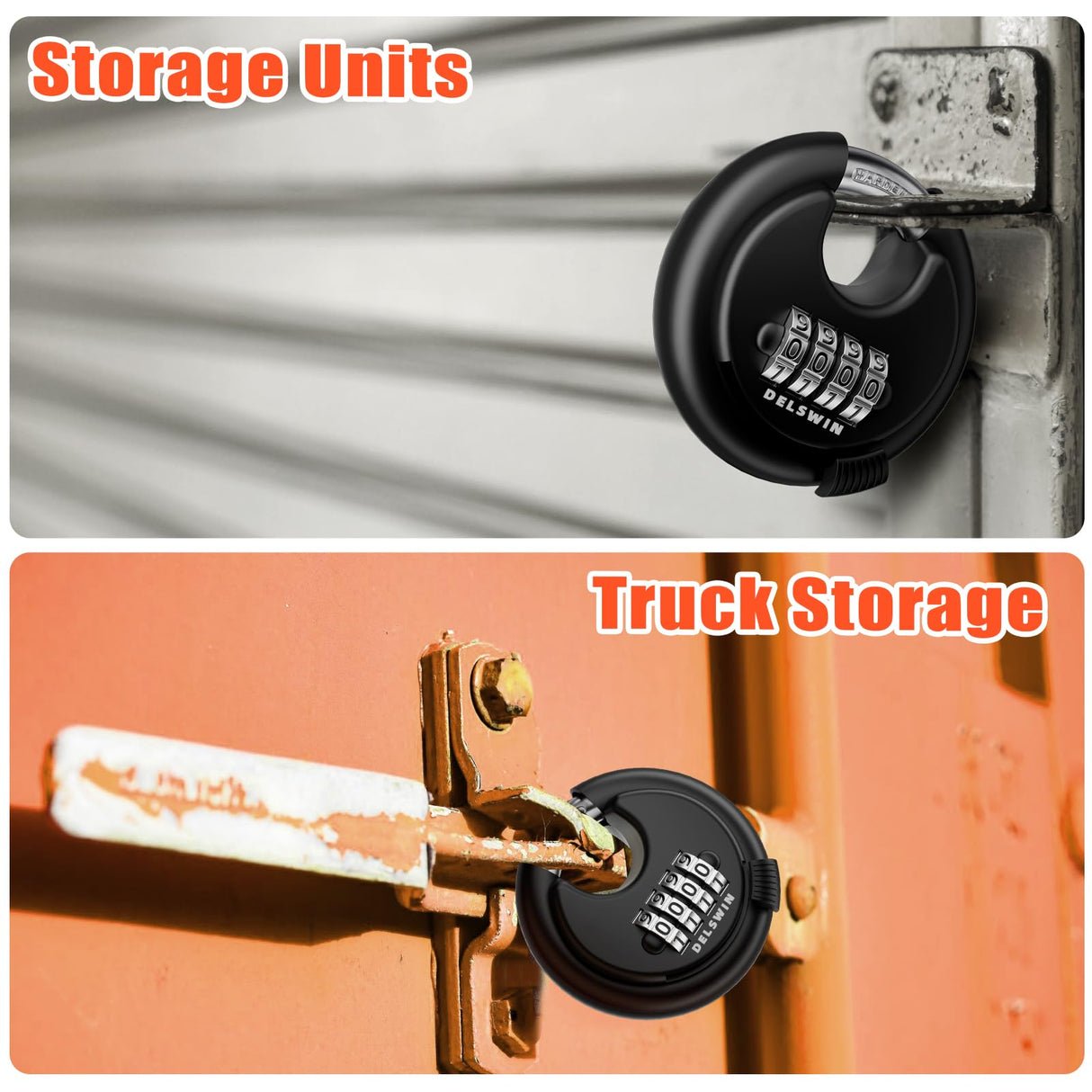 DELSWIN 4-Digit Disc Combination Lock Outdoor - Heavy Duty Combination Padlocks with Hardened Steel Shackle Weatherproof Combo Locks for Gates,Sheds,Fence,Storage Unit (3/8" Shackle, Black and Silver)