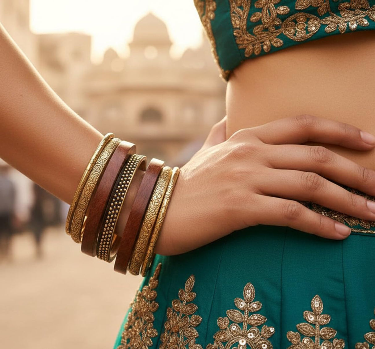 Touchstone wooden women bamboo wood jewelry african bangle bracelets gold bangles brown boho accessories chunky vacation brass statement natural rustic Indian bollywood handcrafted. Set of 7