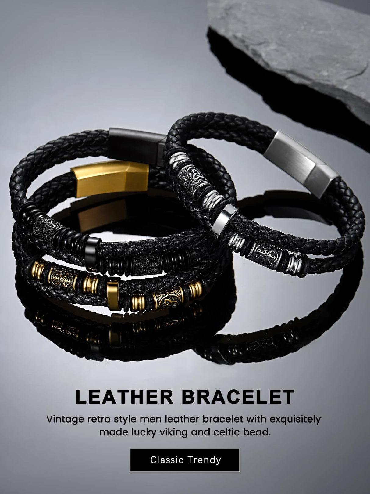 Bestyle Lucky Viking Celtic Bracelet Black Bracelet for Men Double Layer Black Leather Cuff Bracelet, Fashion Punk Retro Men Wristband Leather Bracelet Great Gift for Father Husband, 21cm/8.3 Inch