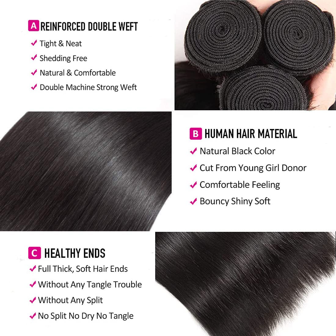 10A Brazilian Straight Human Hair Bundles 18 20 22 Inch 100% Unprocessed Virgin Straight Weave 3 Bundles Deals Human Hair