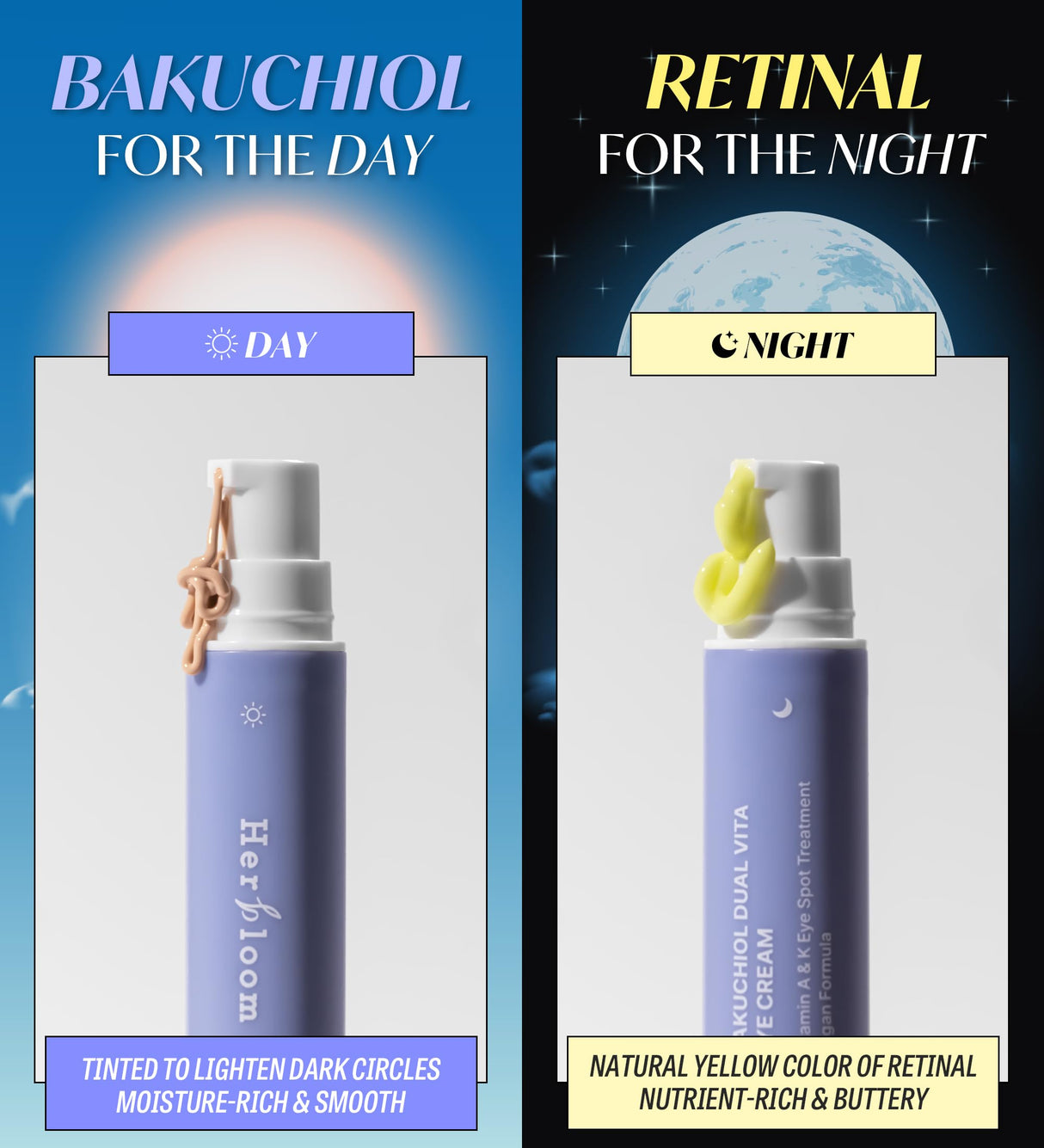 HERBLOOM Retinal Night Care Eye Cream | Bakuchiol Dual Vita with Tinted Day Concealer | Korean EyeCream for Dark Circles Fine Lines 0.54 Fl Oz