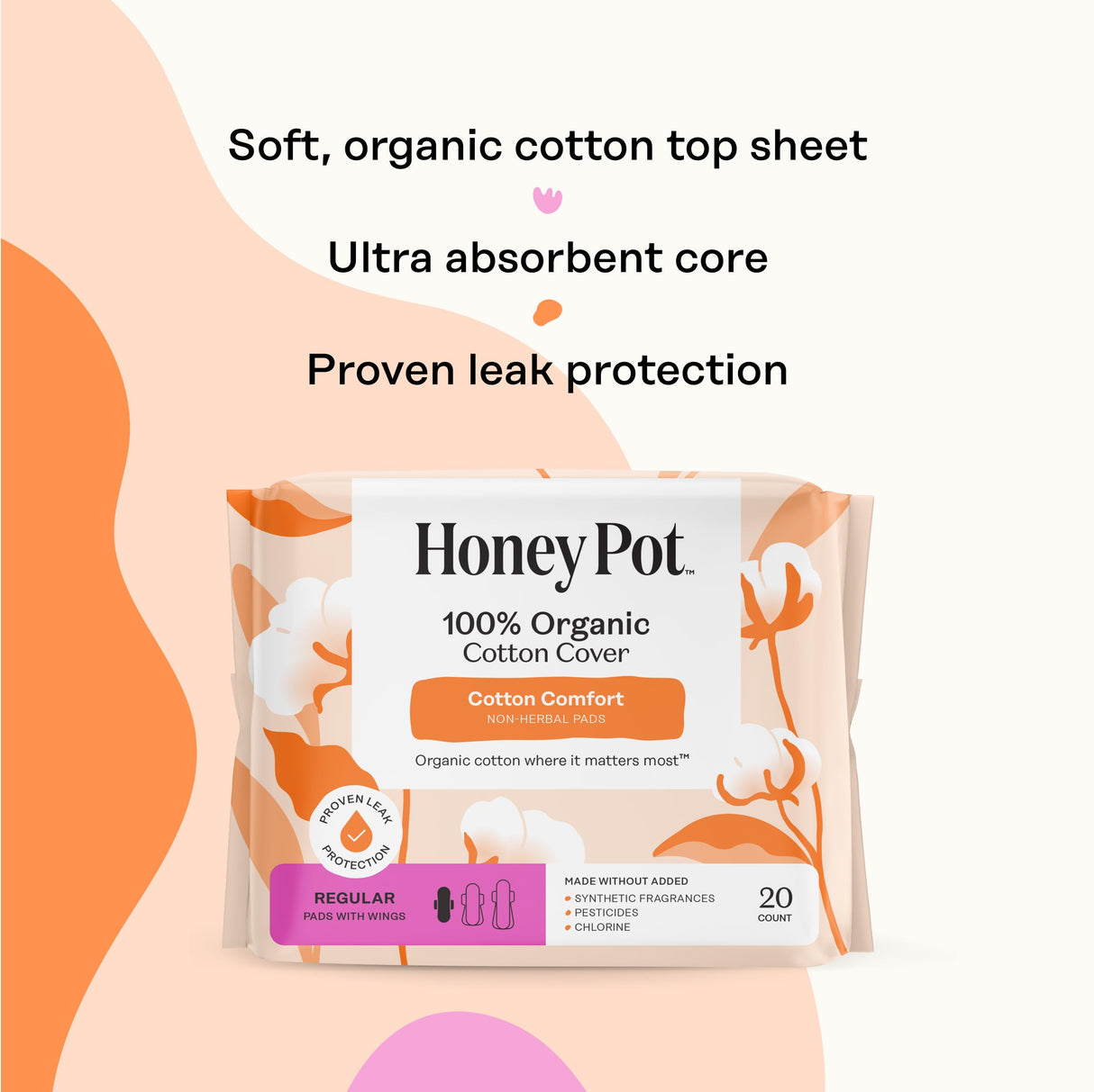 The Honey Pot Company - 80 ct - Sanitary Pads for Women - Non-Herbal Regular Flow w/Wings - Organic Cotton Cover & Ultra-Absorbent Pulp Core - Feminine Care - FSA & HSA Eligible
