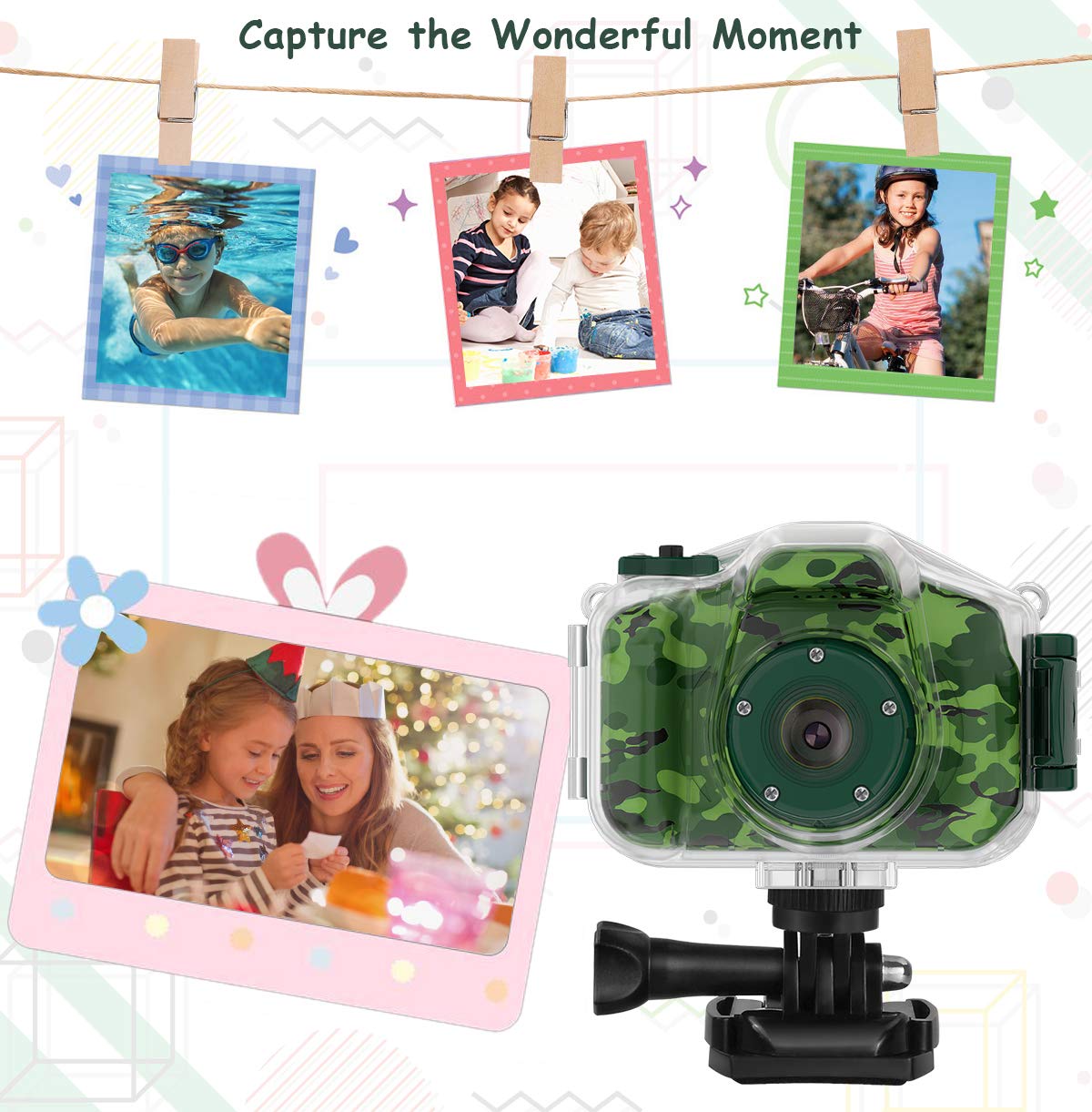 DEKER Waterproof Camera for Kids, Christmas Birthday Gifts for Boys Girls 3-12 Year Old, Mini HD Toddler Digital Video Children Travel Camcorder, 2 Inch IPS Screen with 32GB Card (Green)