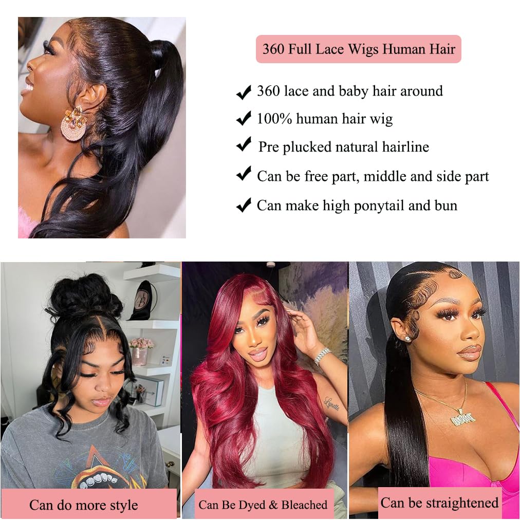 Body Wave 360 Lace Front Wigs Human Hair Pre Plucked Lace Frontal Wigs with Baby Hair for Black Women Natural Black (360 Lace Wigs Human Hair, 22 Inch)