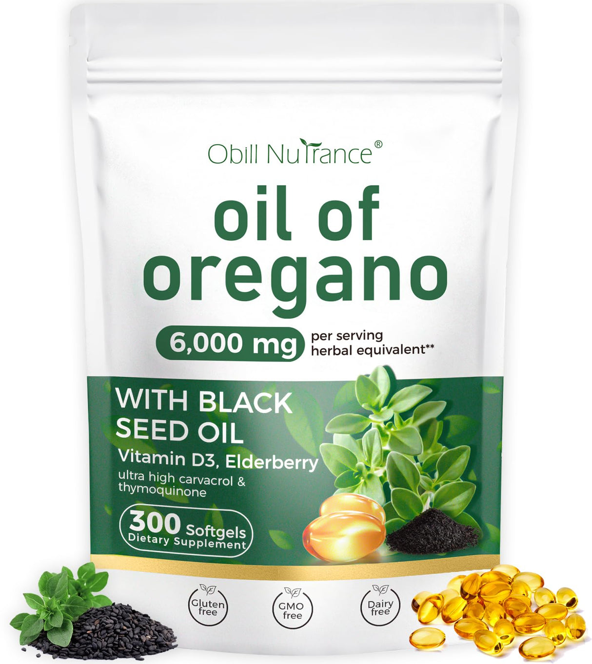 Oil of Oregano, 300 Softgel, 4-in-1 Oil of Oregano with Black Seed Oil, Vitamin D3 & Elderberry, Organic Oregano Oil Capsules, 4X Strength Carvacrol & Thymoquinone, Non-GMO