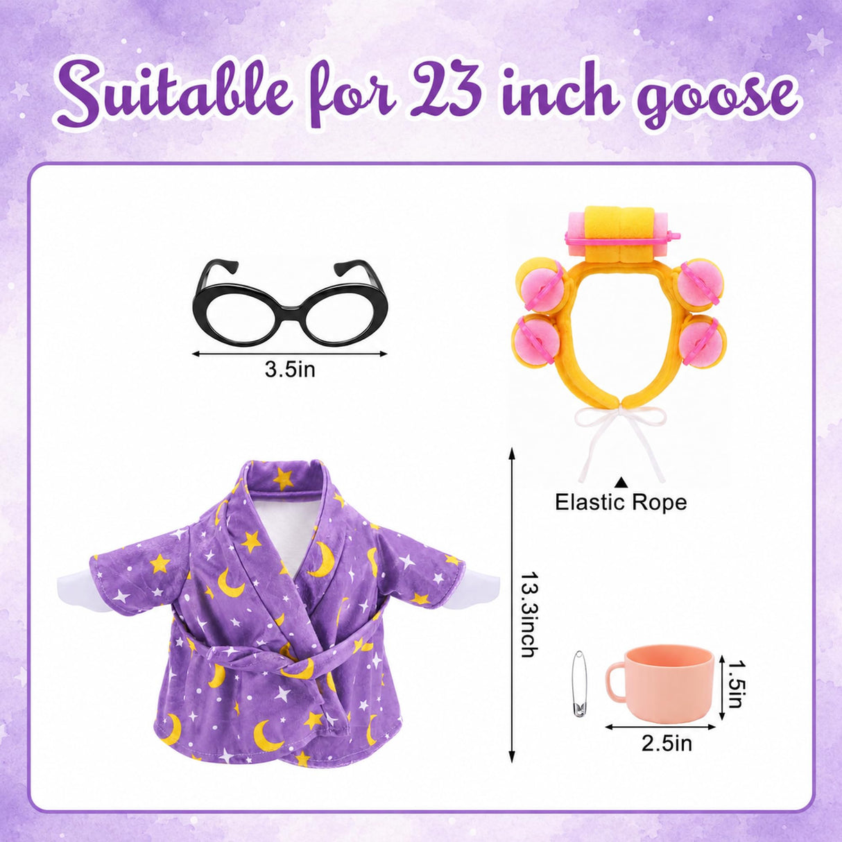 DECOHS 4 Pcs Bathrobe Porch Goose Outfit, Lawn Goose Statue Costume with Star and Moon Print, Yard Goose Bathrobe Curlers Glasses Cup Outfit for 23" Statue Patio Garden Decoration (Purple)
