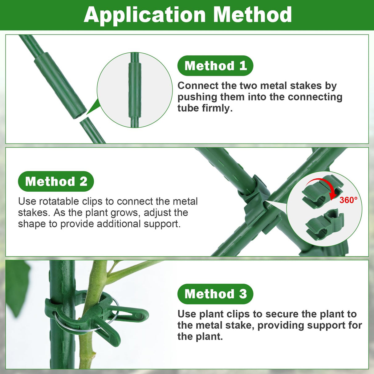 Tegarbed Garden Stakes 40 Pack, 16 Inch Plastic Coated Metal Tomato Stakes, DIY 4ft 5ft 6ft 7ft Plant Support Stakes with 28 Connectors 28 Rotatable Clips 28 Plant Clips for Indoor Outdoor Vegetables
