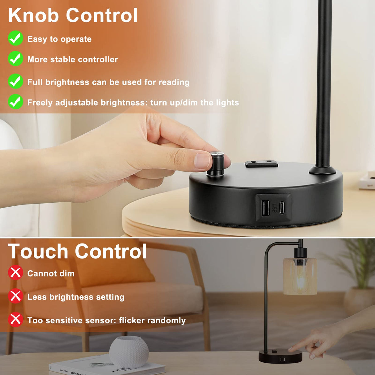 Innqoo Industrial Table Lamps for Bedrooms Set of 2 - Fully Dimmable Bedside Lamps with USB Ports and Outlet, Copper Nightstand Lamps with Glass Shade for Living Room, Desk Lamps for Office Reading
