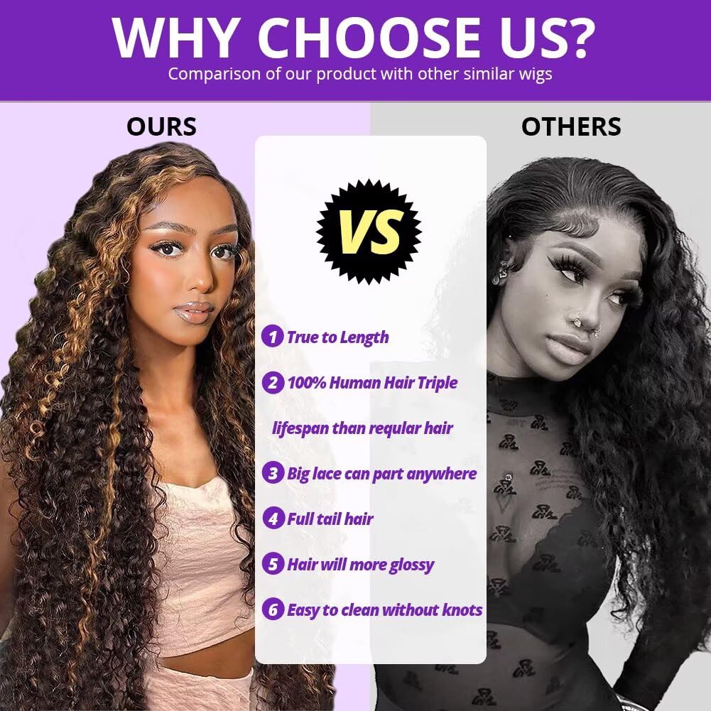 Highlight Deep Wave Lace Front Wigs Human Hair 28 Inch 13x6 HD Transparent Lace Front Wigs 200 Density 4/27 Ombre Honey Blonde Curly Wig for Women Pre Plucked with Baby Hair
