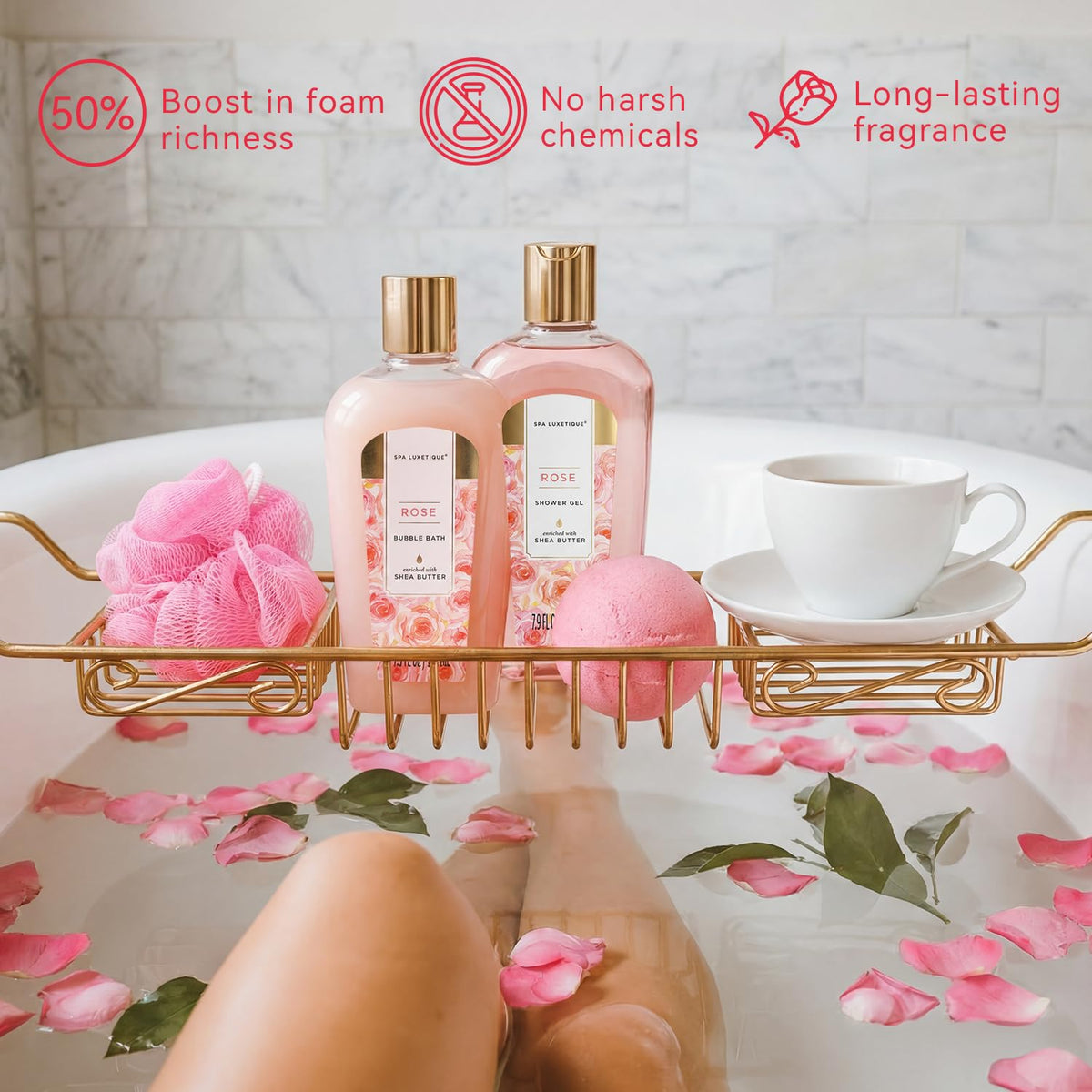 spa luxetique Gift Set for Women, Bath Sets for Women Gift, 8 Pcs Rose Spa Basket Includes Bubble Bath, Shower Gel, Body Lotion, Mom Birthday Gifts, Christmas Gifts for Her