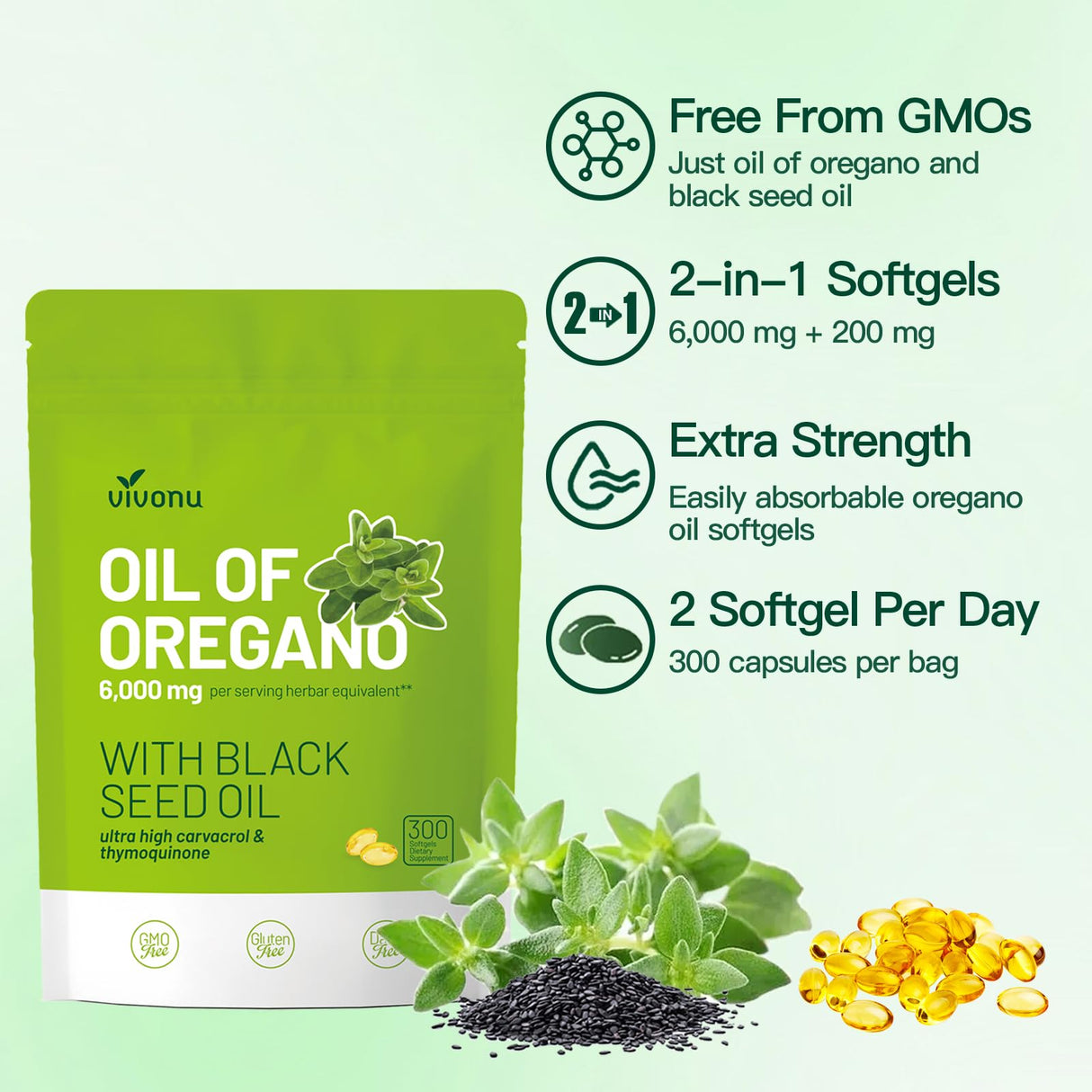 VivoNu Oil of Oregano Capsules, Balanced Oil of Oregano with Black Seed Oil, Organic Oregano Oil Softgels,Carvacrol,Thymoquinone, Non-GMO