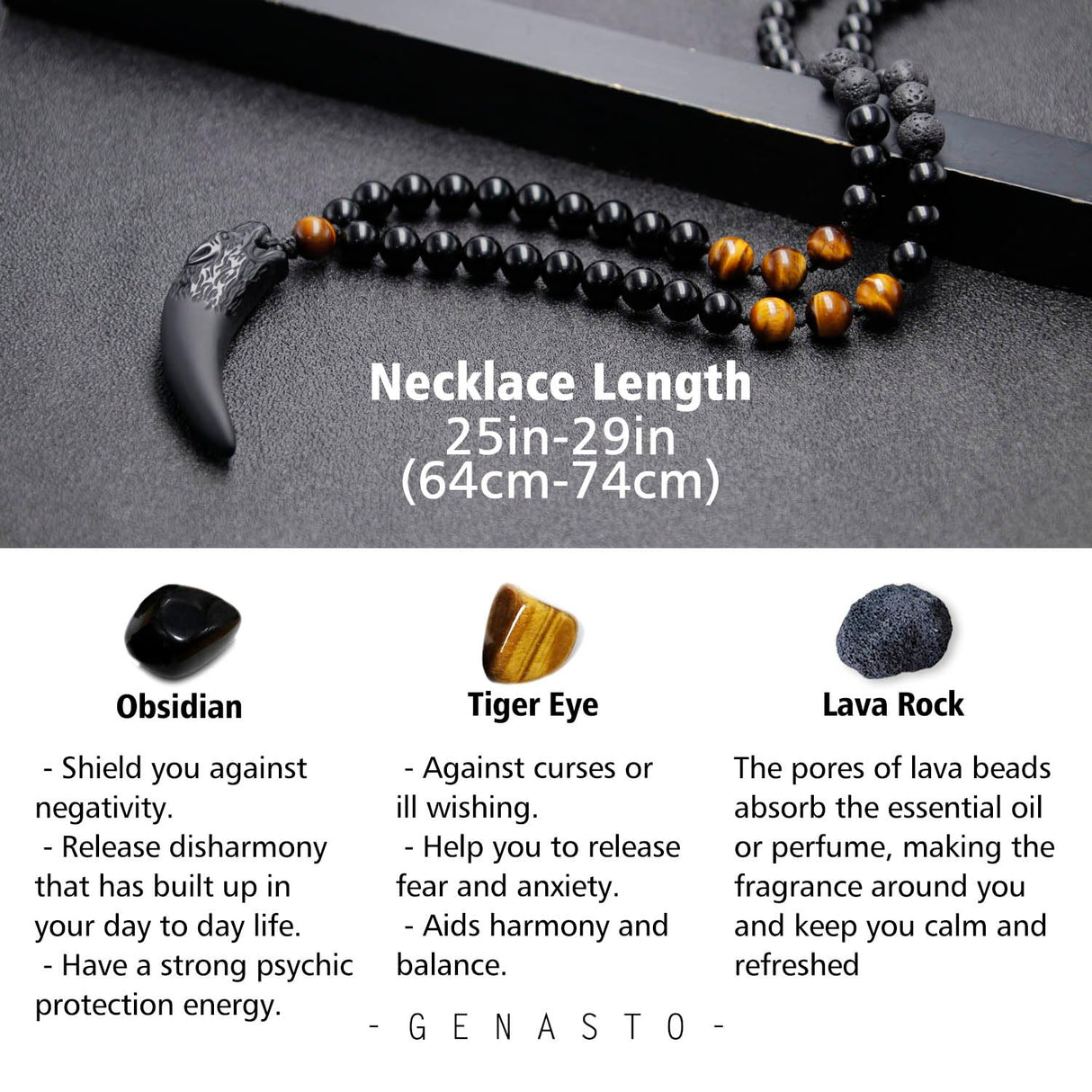 GENASTO Wolf Tooth Necklace Black Obsidian Stone Beads and Tiger Eye Necklace and Tiger Eye Natural Stone Crystal Healing Prayer Necklace for Men Women