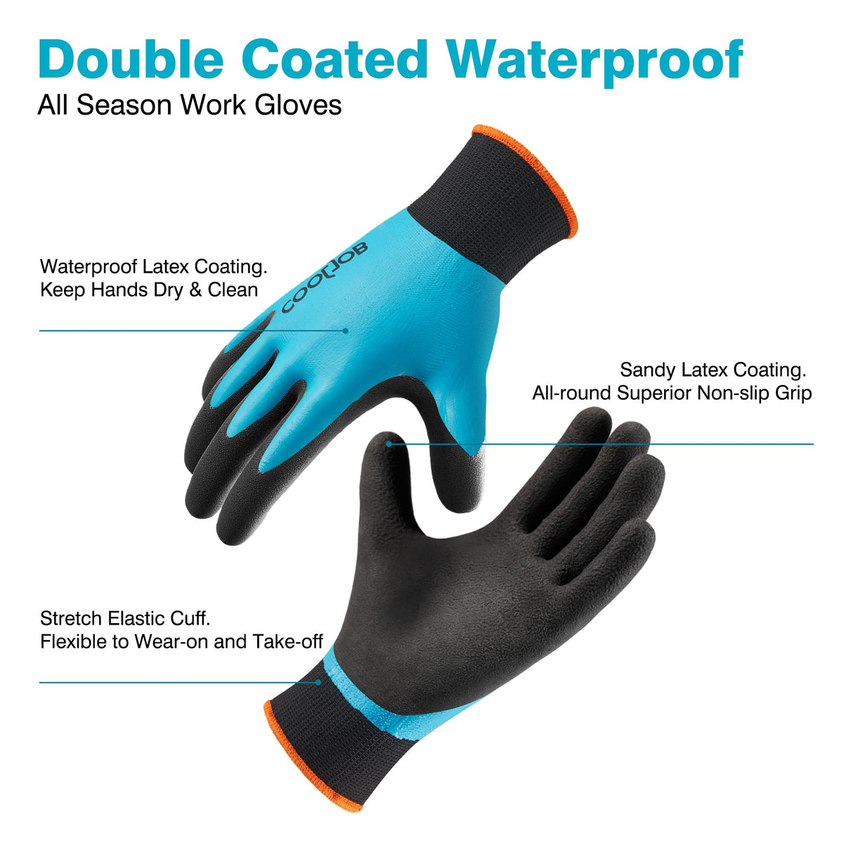 COOLJOB Waterproof Winter Freezer Gloves for Working Gardening Fishing Construction Worker, Double Coated Rubber for Warehouse Cold Refrigeration House, 2 Pairs Small Blue